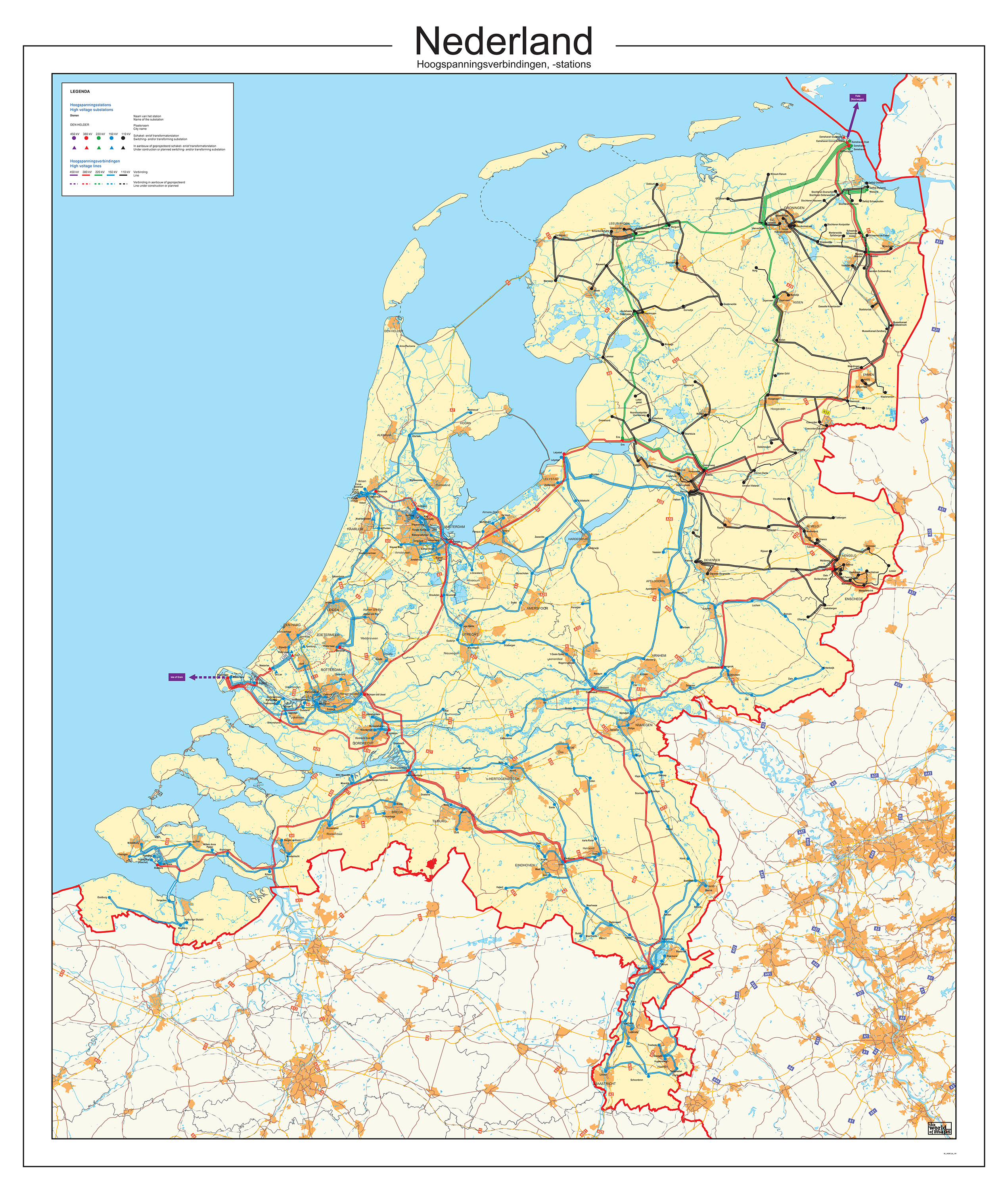 Kaart Nederland Hoogspanningslijnen 191 | Kaarten en ...