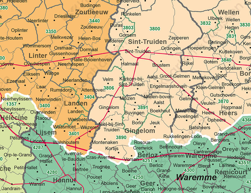 Postcode/gemeentekaart met deelgemeenten en wegen België detail