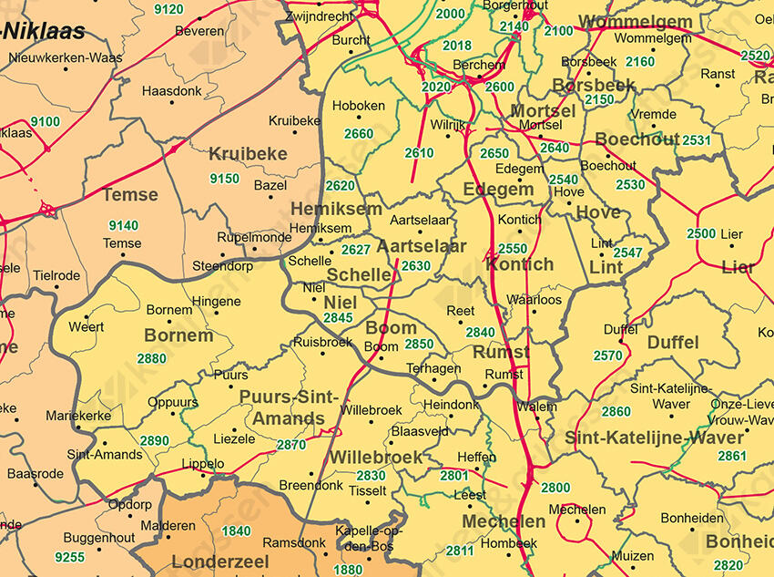 Postcode/gemeentekaart met deelgemeenten en wegen België detail