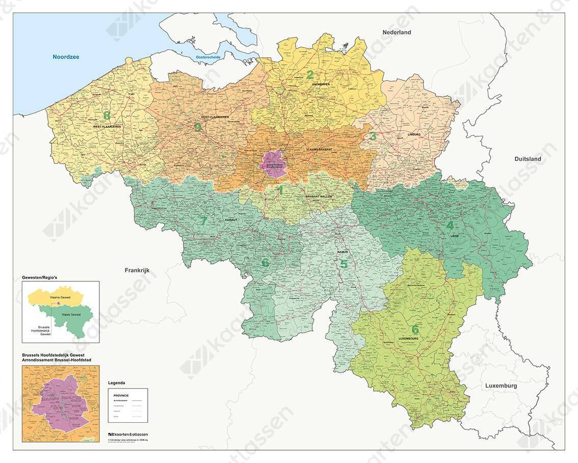 Postcode/gemeentekaart met deelgemeenten en wegen België