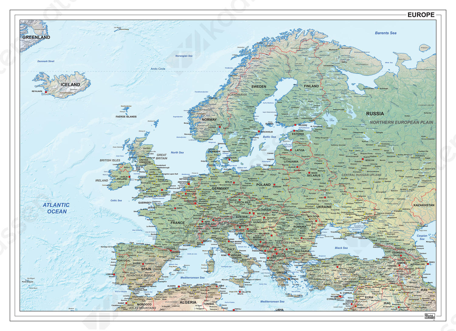 Digitale kaart Europa natuurkundig 1287 | en Atlassen.nl