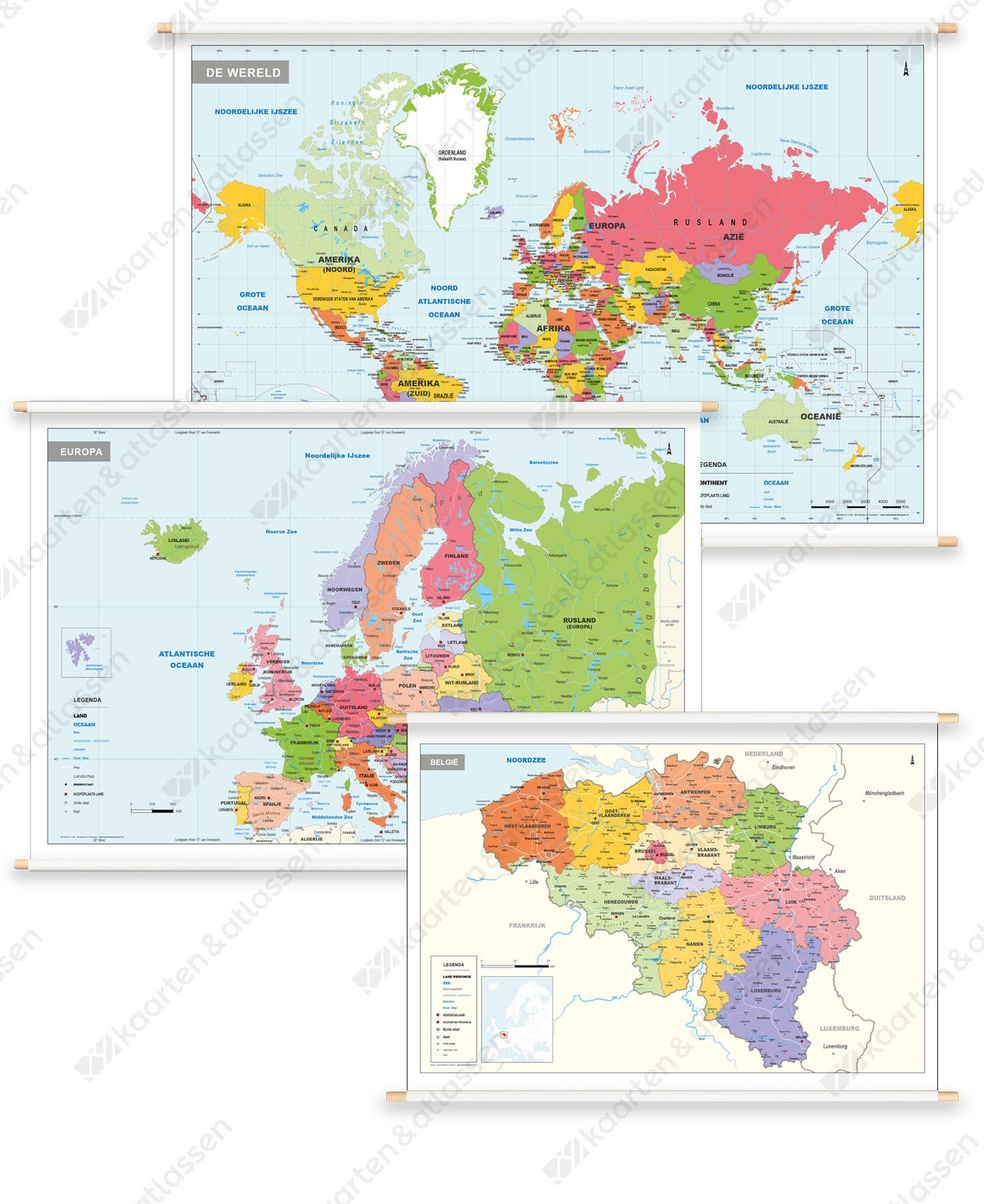 3 Schoolkaarten België/Europa/Wereld Gedetailleerd