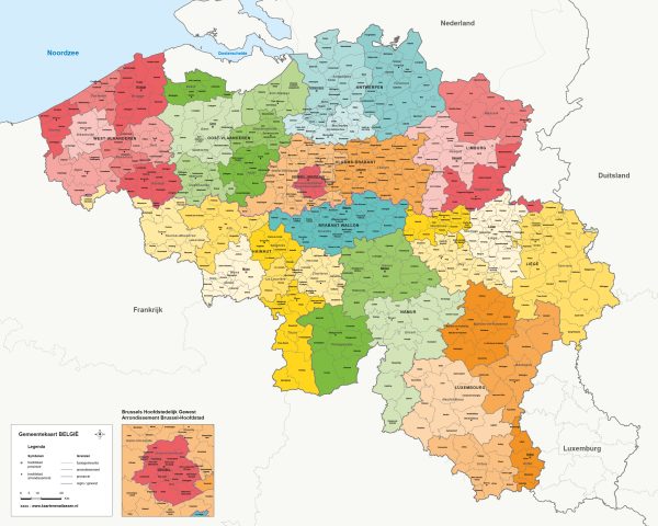 Gemeentekaart België met gekleurde provincies